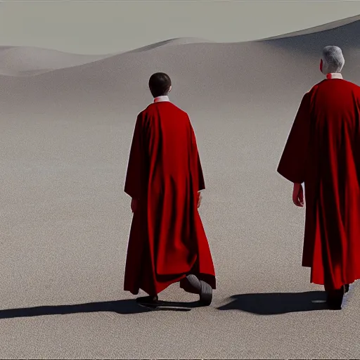 Image similar to a priest wearing red robes walking in a desert, sunny weather, gerhard richter, rendered in octane, realistic, 8 k, vivid, intricate, detailed