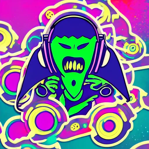 Image similar to svg sticker of a Pop-Wonder Alien-Bog-Monster-Swamp-Rat-Thunder-Coot-Racing-Fan at a rave, spinning records, giant headphones rocking out, wearing headphones, huge speakers, dancing, rave, DJ, spinning records, digital art, amazing composition, rule-of-thirds, award-winning, trending on artstation, featured on deviantart