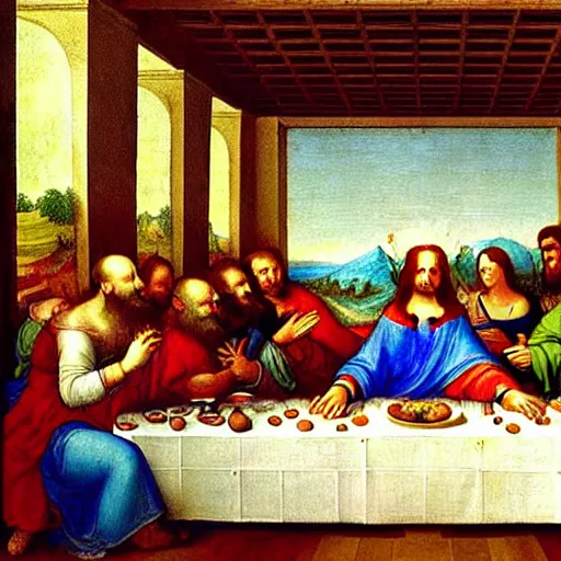 Image similar to A renaissance painting by Leonardo da Vinci that looks like The Last Supper, of a long table, but every character is a baby and the only type of food on the table is milk. There are many bottles of milk on the table. Detailed, realistic, artstation, symmetrical composition