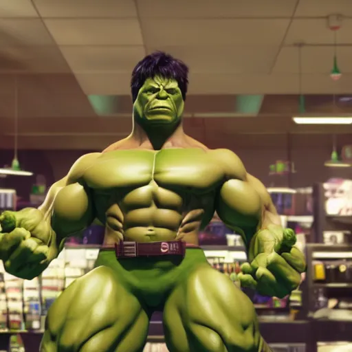 Image similar to the incredible hulk working the night shift as a 7/11 cashier, macro, wide shot, dramatic lighting, octane render, hyperrealistic, HD