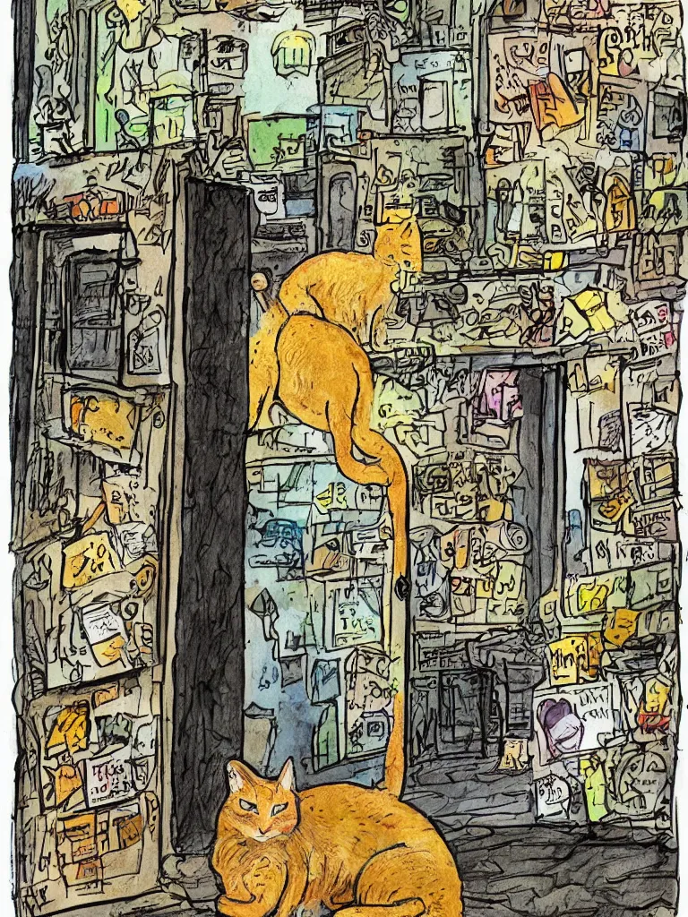 Prompt: fantastic illustration of a door into summer on the crowded city street, a ginger cat sits near the door, illustration of robert heinlein novel door into summer