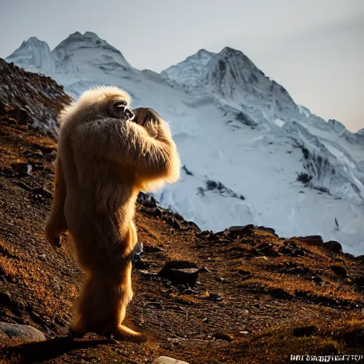 Image similar to a yeti in a remote part of the himalayan mountains, bold natural colors, national geographic photography, masterpiece, in - frame, canon eos r 3, f / 1. 4, iso 2 0 0, 1 / 1 6 0 s, 8 k, raw, unedited, symmetrical balance