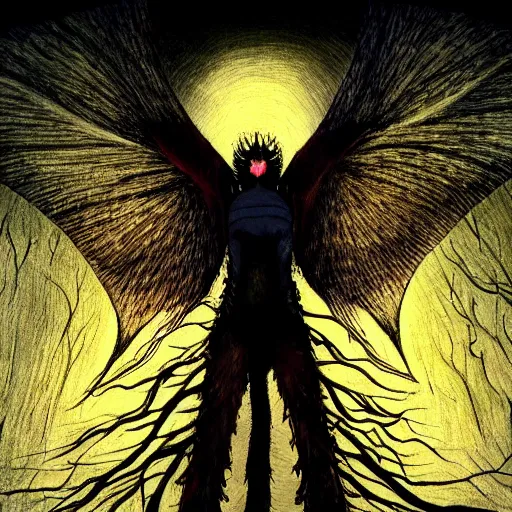 Prompt: mothman by Junji Ito and Satoshi Kon, post-processing, beautiful, scary, octane rendered, anime masterpiece, accurate