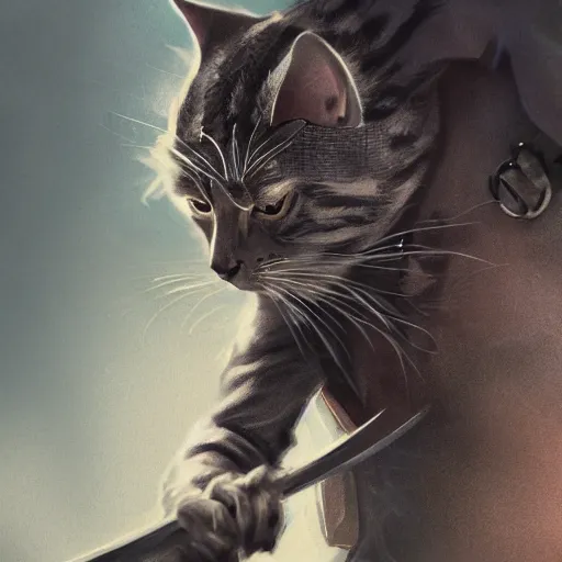 Image similar to a high detail shot of a dirty, homeless cat wielding a sword, realism, 8 k, fantasy, d & d, concept art