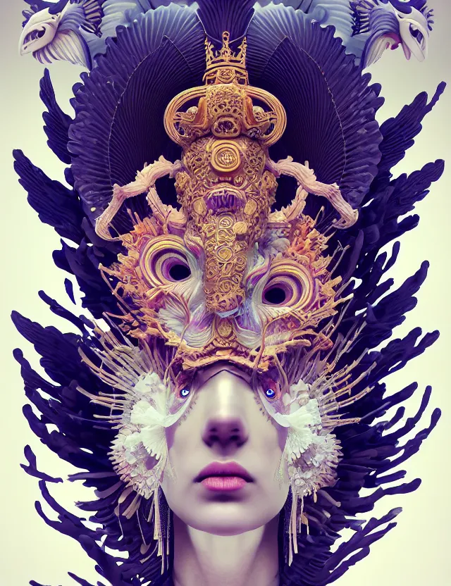 Image similar to 3 d goddess close - up portrait with crown, ram skull. beautiful intricately detailed japanese crow kitsune mask and clasical japanese kimono. betta fish, jellyfish phoenix, bioluminescent, plasma, ice, water, wind, creature, artwork by tooth wu and wlop and beeple and greg rutkowski