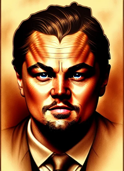 Image similar to portrait of leonardo dicaprio, volumetric lights, feast, music notes, art nouveau botanicals, gothic, intricate, highly detailed, digital painting, artstation, concept art, smooth, sharp focus, symmetric face, illustration, steampunk, art by artgerm and greg rutkowski and alphonse mucha