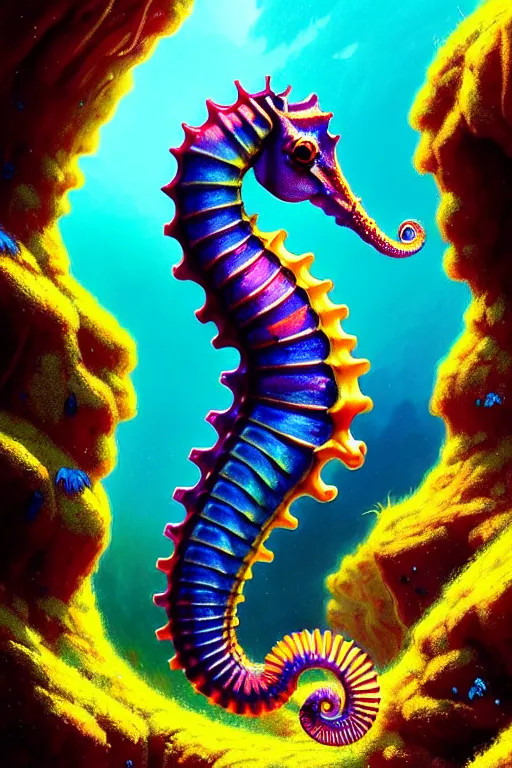 Image similar to highly detailed portrait of rainbow - colored seahorse, stephen bliss, unreal engine, fantasy art by greg rutkowski, rhads, ferdinand knab, makoto shinkai and lois van baarle, ilya kuvshinov, rossdraws, tom bagshaw, global illumination, radiant light, yellow blue theme, coral reef