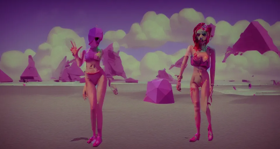 Prompt: fullbody vaporwave art of a fashionable zombie girl at a beach, early 90s cg, 3d render, 80s outrun, low poly, from Hotline Miami, Beksinski, super mario 64