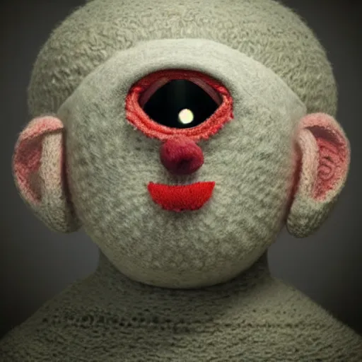 Prompt: woollen sock puppet from hell, missing an ear, big bobbly eyes, octane render, volumetric lighting, smokey atmosphere, rim lighting, glow lights, sharp focus, clear focus, soft shadows, highly intricate, hdr, creepy, clown vibes, textures, 8 k, 4 k, cinematic pose, trending on artstation, deviantart, award winning, contest entry