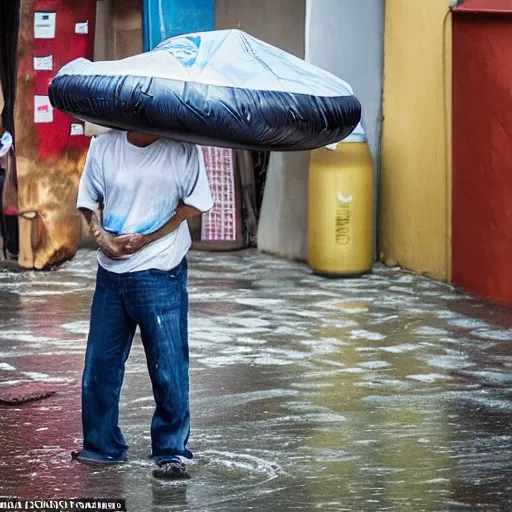 Prompt: man standing next to his inflatable quecha, drinking a canned beer, it is raining and he has no shelter so he gets soaked