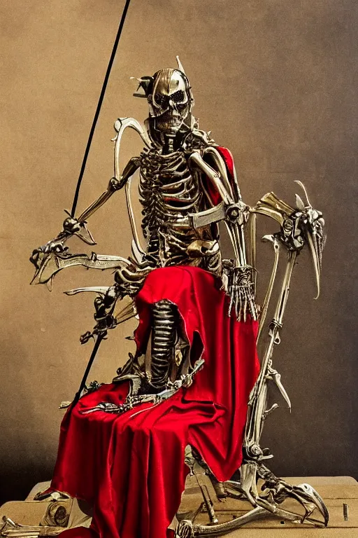 Image similar to wraith skeleton knight wearing crimson cloak sitting on throne, mechanic electric ornaments, golden metallic, realistic, detailed, by caravaggio