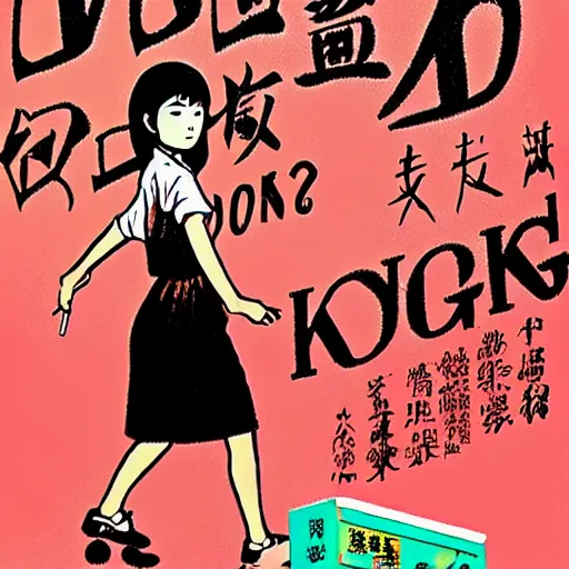 Image similar to glossy old advertising poster, young woman walking through crowded hong kong street, vendors, zombies, horror, drawn comic by junji ito, pastels, gradient