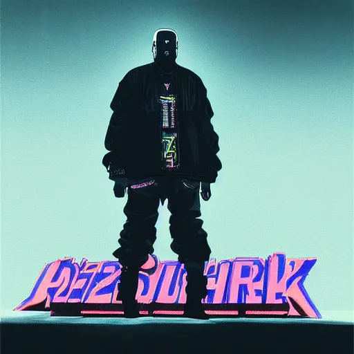 Prompt: cyberpunk rap album cover for Kanye West DONDA 2 designed by Virgil Abloh, HD, artstation