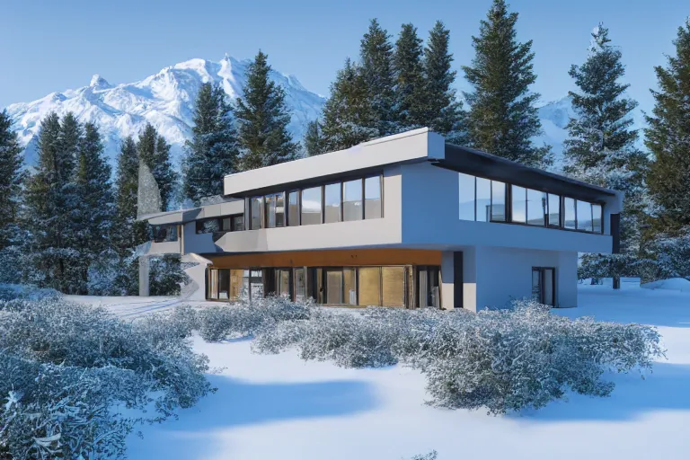 Prompt: modern modern fachwerk house with in the forest on the foot of Elbrus mountain covered by snow on the background, architecture, 3d render 8k , high details