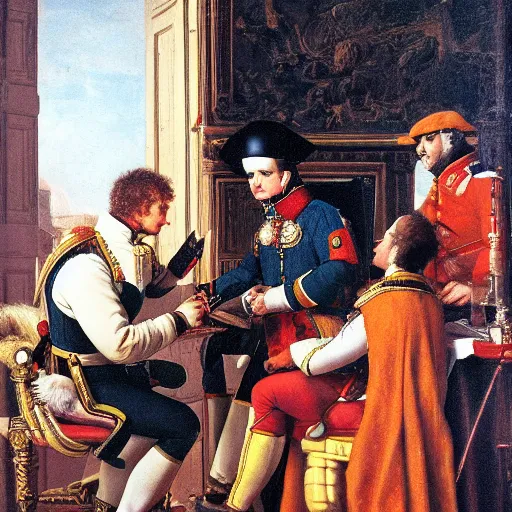 Prompt: Napoleon looking his phone by Caravage