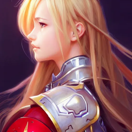 Image similar to Asuna Yuuki, Portrait of a girl with blonde hair wearing a partial paladin armor with a red skirt and white top, face, fantasy, intricate, elegant, highly detailed, digital painting, artstation, concept art, smooth, sharp focus, illustration, art by Fernanda Suarez and Artem Demura and alphonse mucha