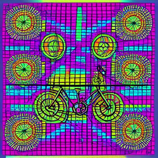 Prompt: psychedelic bicycle, grid art