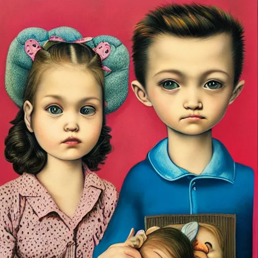 Image similar to a couple and their child portrait, living room wall background, lowbrow art pop surrealism 70's art style, by Mark Ryden and Hikari Shimoda