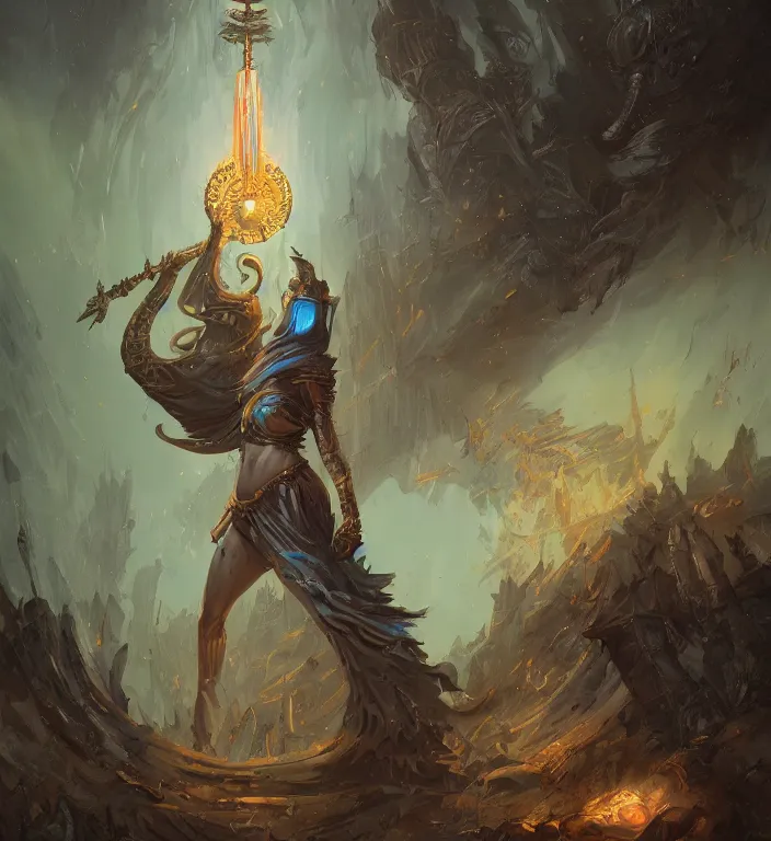 Image similar to full body illustration of a goddess, tarot card, dark souls colour scheme, establishing shot, coherent, high detailed, peter mohrbacher, kerem beyit, Karol Bak, Chris Cold, james gurney, dan mumford, featured on artstation