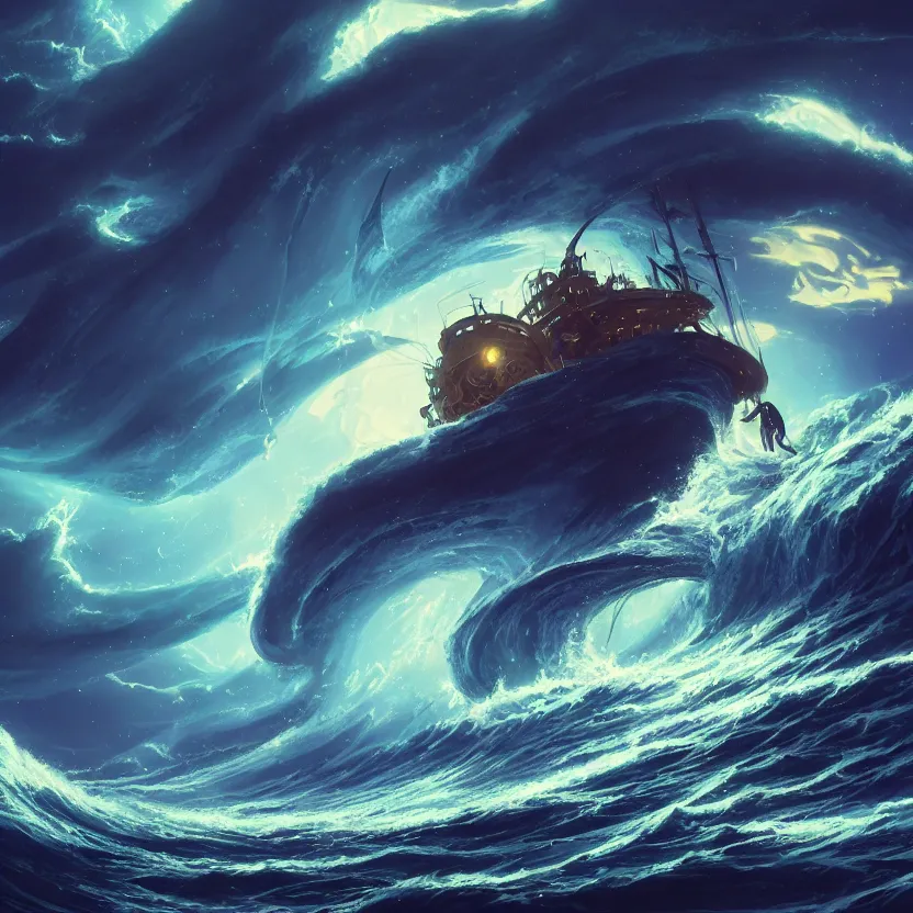 Image similar to treasure planet, kraken in stormy sea with huge waves, clouds, stars, rings, beautiful lighting, vivid colors, intricate, elegant, smooth, highly detailed digital painting, concept art, cinematic, unreal engine, wallpaper, by syd mead, terada katsuya, atey ghailan, svetlin velinov, makoto shinkai art style