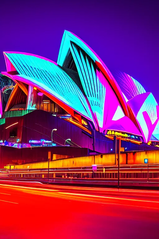 Image similar to neon streets of sydney opera, 4 k, award winning photo, cyberpunk style