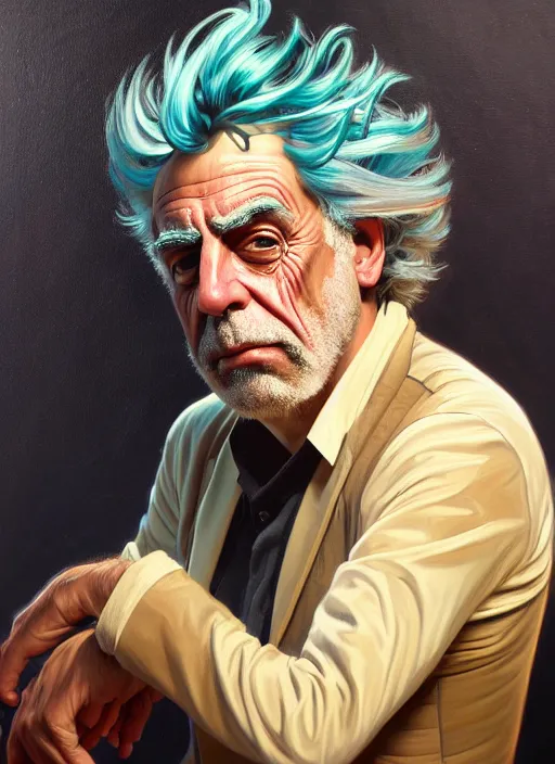 Prompt: oil portrait of rick sanchez, intricate, elegant, highly detailed, lighting, painting, artstation, smooth, illustration, art by greg rutowski and alphonse mucha