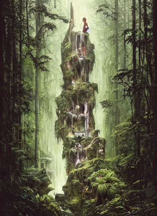 Prompt: a hyper realistic architectural witch shrine under a waterfall in the woods, gorgeous lighting, lush forest foliage, painting by chiara bautista and tom bagshaw, muca beksinski and norman rockwell and greg rutkowski weta studio, and lucasfilm