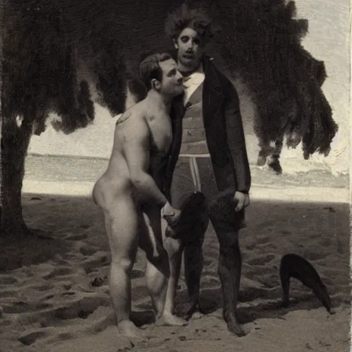 Image similar to a gay couple on the beach with a cat, vintage, 1 8 0 0 s