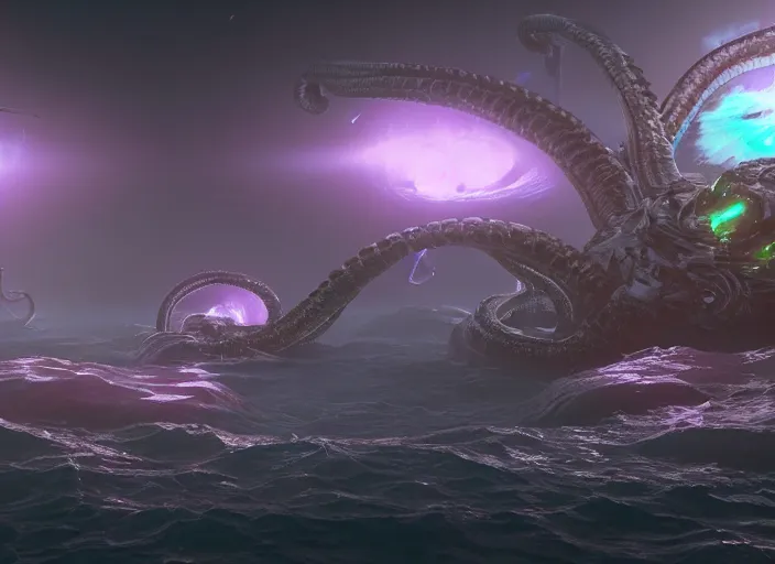 Image similar to a lovecraft bioluminescent space kraken battling a fleet of destroyers, space battle, epic scale, epic scene, hype realistic, volumetric lighting, cosmic horror, Art station, Octane render, Unreal Engine 3D
