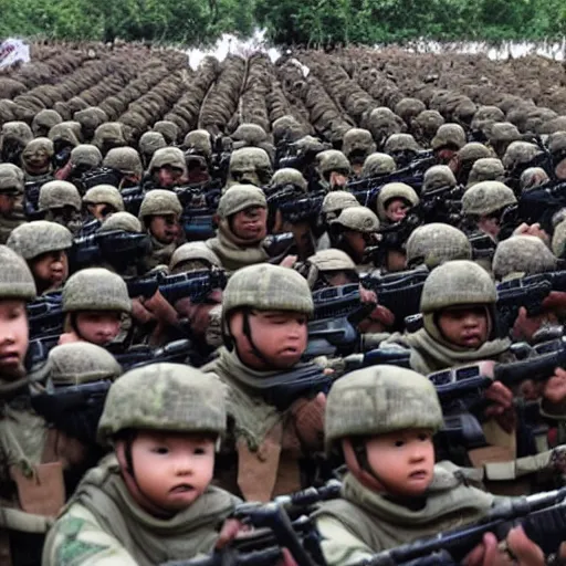Image similar to Army of babies armed with m16 rifles overthrowing the government