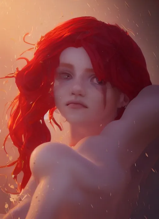 Image similar to portrait of ariel, red hair, sea, hyper detailed, digital art, cinematic lighting, studio quality, smooth render, unreal engine 5, octane rendered, art style by klimt and nixeu and ian sprigger and wlop and krenz cushart.