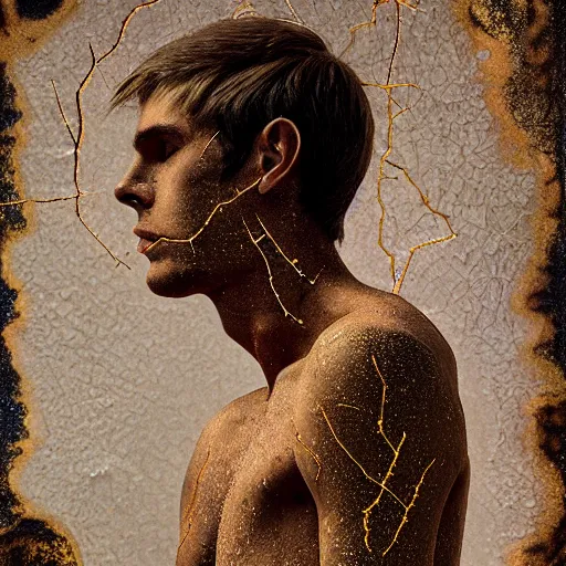 Prompt: a tall, slender 20 year old man with golden cracks and scars on his arms and chest, standing atop a mountatin, sci-fi, digital art, klimt, kintsugi, sharp-jaw, long brown hair, long-arms