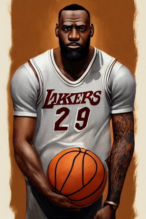 Image similar to male cottagecore nba LeBron Raymone James Sr holding a basketball, intricate, swagger, highly detailed, digital painting, artstation, concept art, smooth, sharp, focus, illustration, art by artgerm and greg rutkowski and alphonse mucha