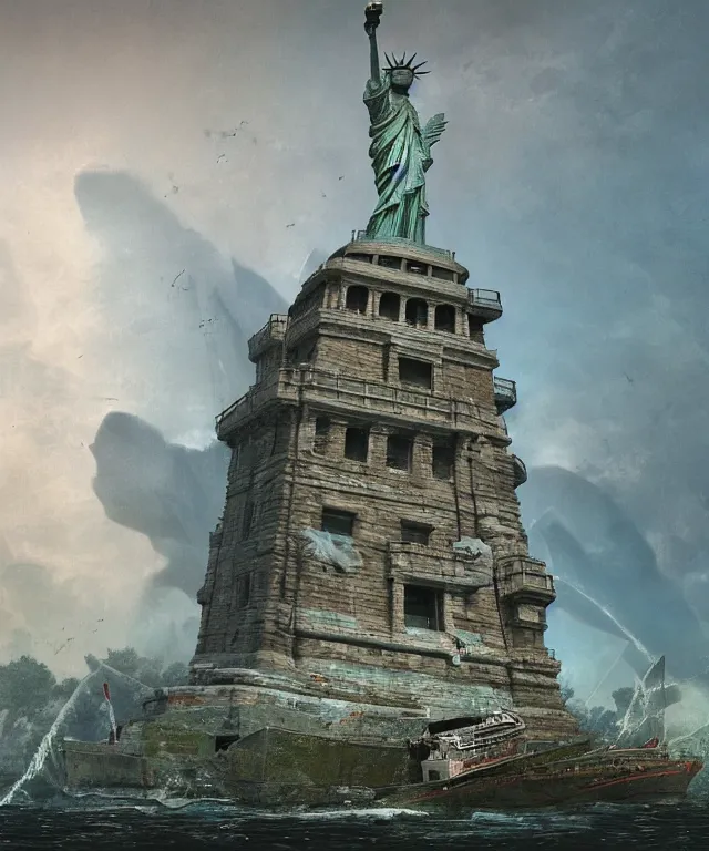 Prompt: highly detailed digital matte painting of an overgrown, abandoned, damaged close up of Lady of Liberty, taken back by nature Lady Liberty is the focus. Full shot. By Raphael Lacoste and Ruan Jia and Robert McCall, postcyberpunk, geodesic dome, hyperdetailed, sunrise, wide shot, autochrome, octane render