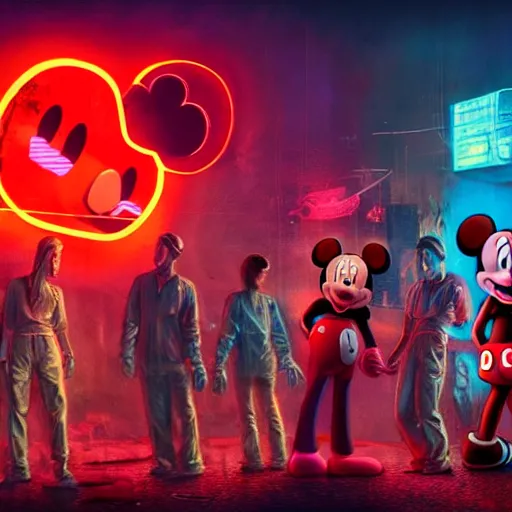 Prompt: a group of people standing around a giant bloody wounded mickey mouse with a netflix neon logo, cyberpunk art by david lachapelle, cgsociety, sots art, dystopian art, reimagined by industrial light and magic, dark concept art