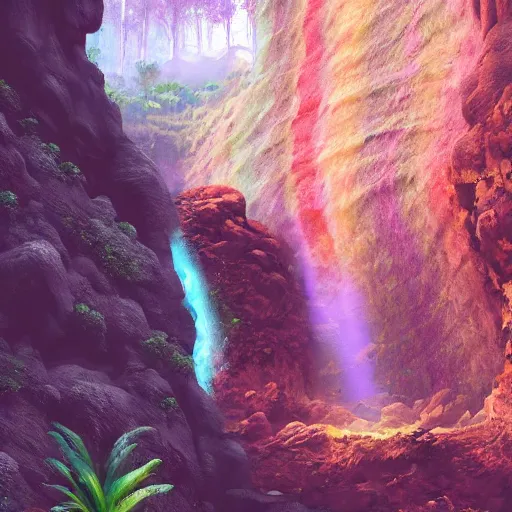 Image similar to rainbow colored caves lead to a rainforest, highly detailed digital art, artstation, cfg = 1 2