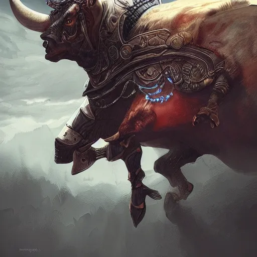 Prompt: andreas gauger, riding a bull, beautiful, sci-fi high fantasy, intricate, elegant, highly detailed, digital painting, artstation, concept art, Ultrarealistic illustration