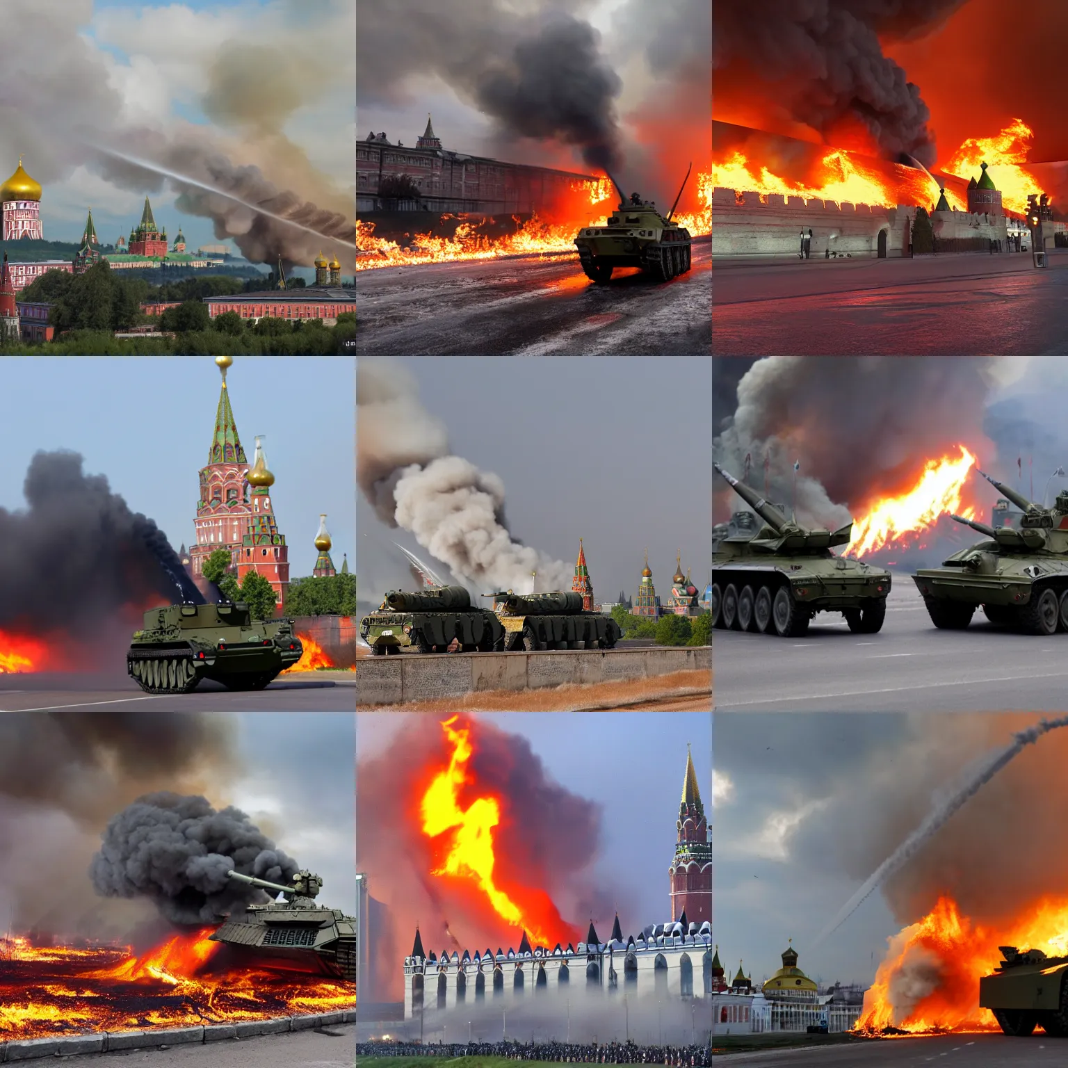 Prompt: kremlin is on fire, russia, military vehicles, 4 k