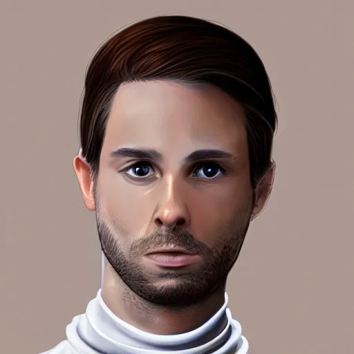 Image similar to guy with brown hair looking back, narrow chin, thin face in a white shirt, black turtleneck, digital art, 8 k, character, realism, portrait