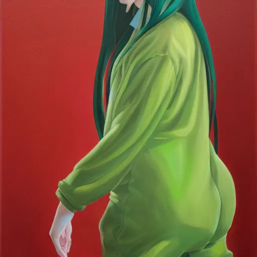 Prompt: oil painting of an anime girl with green, long hair wearing a jumpsuit