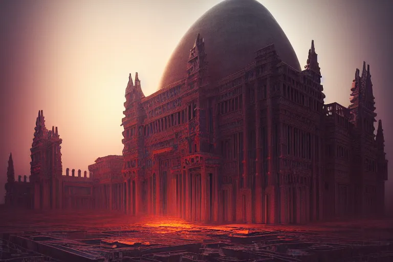 Image similar to sci - fi concrete baroque rococo gothic architecture in hell, babylonian, ziggurat, zaha hadid, beksinski, oil painting, photoreal, highly detailed, 8 k, hd, vray, artstation, cinematic matte painting, extreme detail photo quality, sunset, featured on behance
