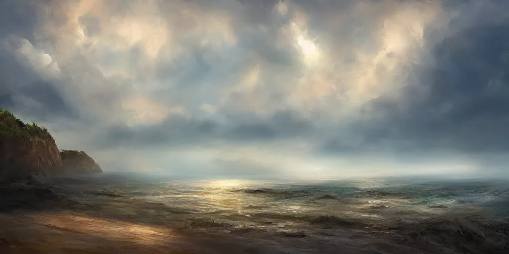 Image similar to painterly concept art landscape with oceans, clouds, and birds