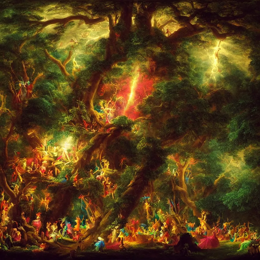 Prompt: closeup of a night carnival inside a tree cavity in a magical forest in the middle of a summer storm, with a music scenario with many fireworks and christmas lights, volumetric lightning, instense god rays in the sky, folklore people disguised with fantastic creatures in a magical forest by summer night, masterpiece painted by thomas cole, very coherent and colorful high contrast masterpiece,