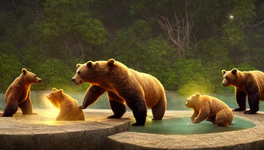 Image similar to fullbody portrait of bears playing capoeira in a hot spring. volumetric light, detailed, photorealistic, fantasy, rendered in octane