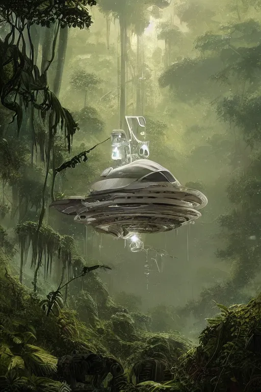 Image similar to a crashed sci-fi spacecraft in a magical tropical rain forest, D&D, fantasy, intricate, cinematic lighting, highly detailed, digital painting, artstation, concept art, smooth, sharp focus, illustration, art by Terry Moore and Greg Rutkowski and Alphonse Mucha