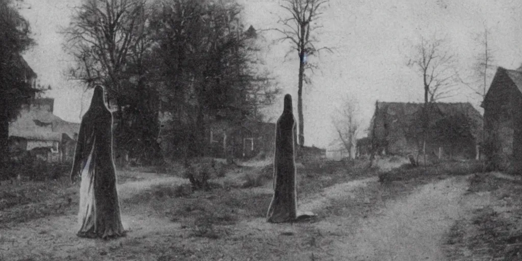 Prompt: scary unproportionable tall ghost creature in the middle of a village, 1900s picture