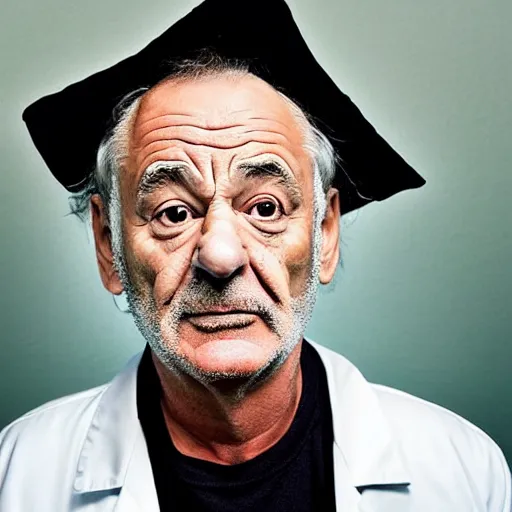 Prompt: !dream the roll of Rick Sanchez will be played by Bill Murray, spikey hair, white lab coat, photography