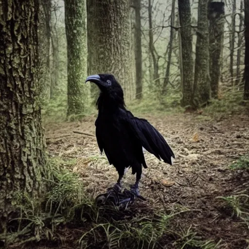 Prompt: humanoid crow, werecreature, photograph captured in a forest