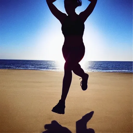 Image similar to “silhouette of fitness blogger doing exercise on the beach photorealistic ”