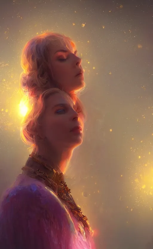 Image similar to beautiful uncertainty, sharp focus, intricate, elegant, digital painting, artstation, matte, highly detailed, concept art, illustration, volumetric lighting, gold and blue and pink color scheme, bokeh light, art by greg olsen and liz lemon swindle